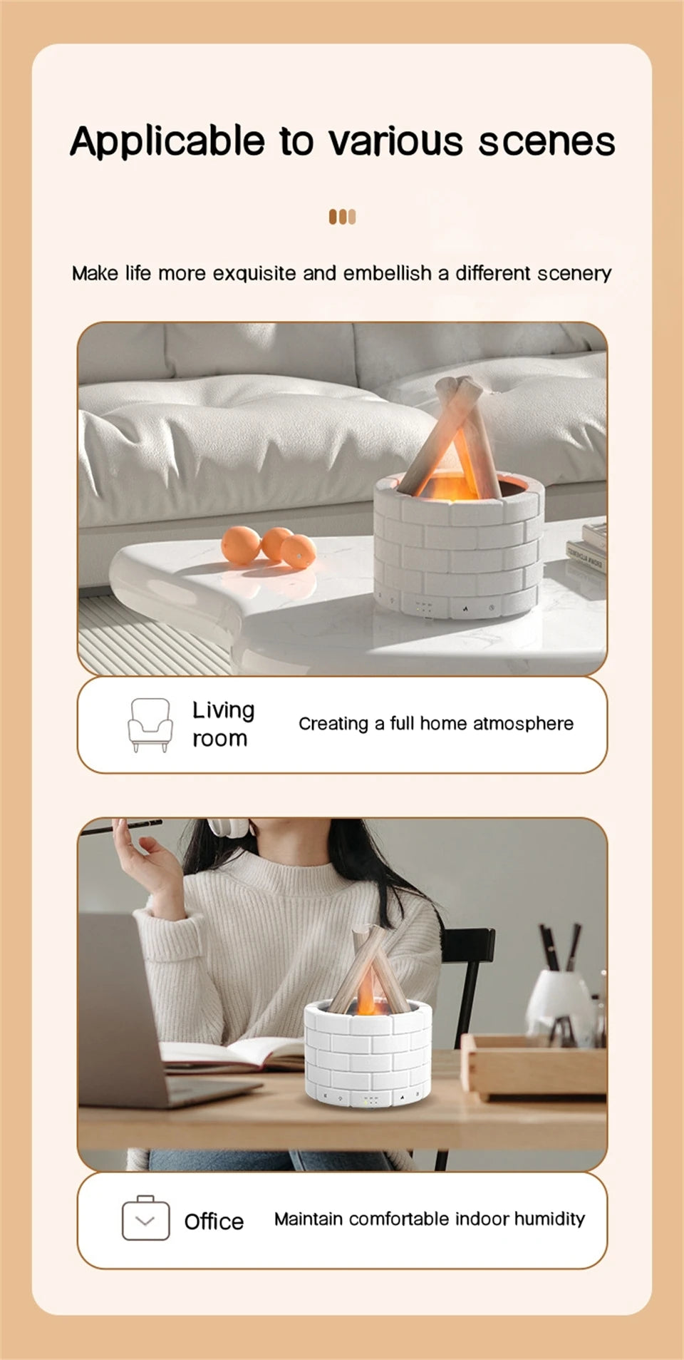 Office/Home USB Air Humidifier/Essential Oil Diffuser with Bonfire Flame Light